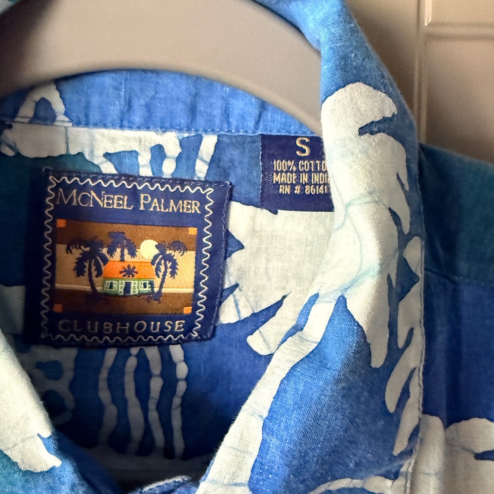 McNeel Palmer Clubhouse Mens Batik Palm Tree Tropical‎ Hawaiian Shirt, Blue,S - Picture 2 of 10